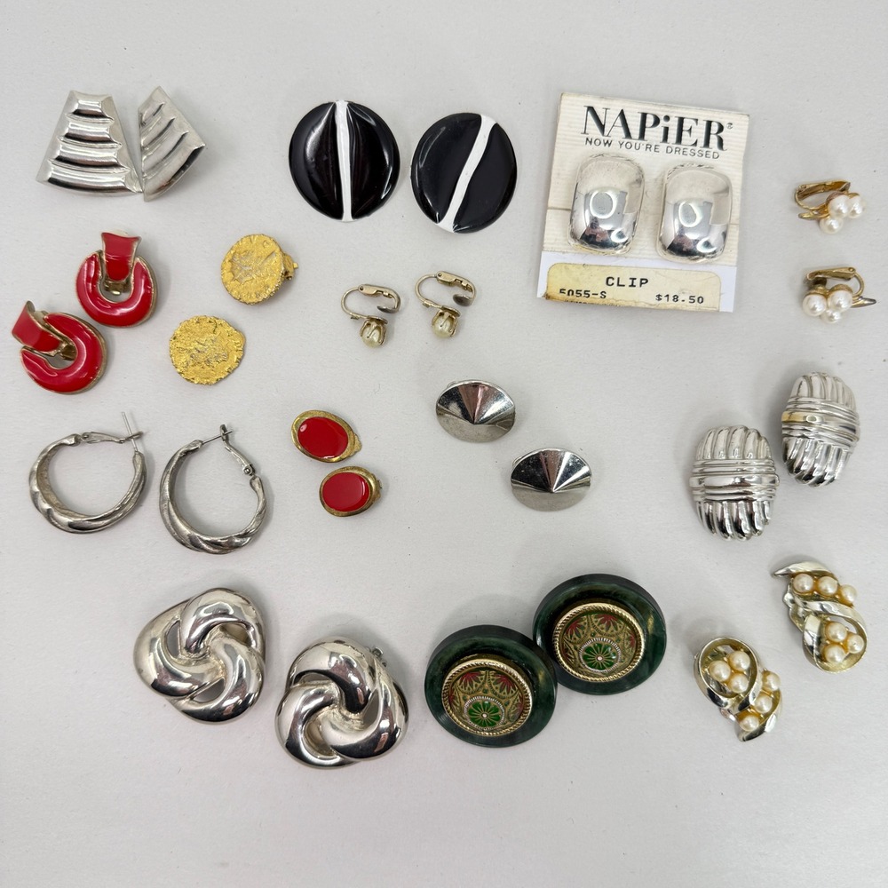 Vintage Earring‎ Lot 14 Pairs Clip On Napier Silver Tone Red Enamel Faux Pearl